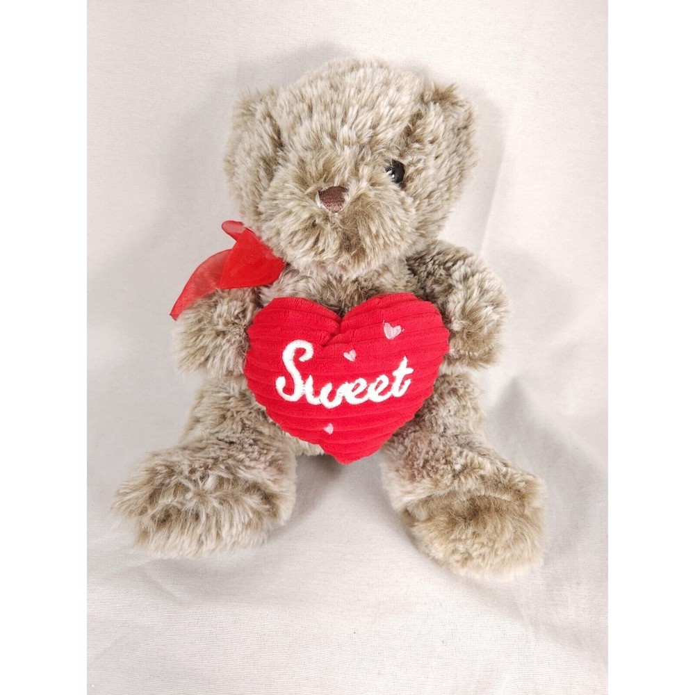 Valentine Plush teddy bear holding red heart pillow with Sweet red ribbon bow